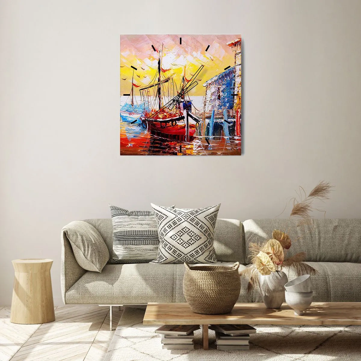 Orologio da parete - Orologio in Vetro - Pittoresco porto al tramonto con barche da pesca - 30x30cm - Ritorno felice - Decorazione murale moderna per soggiorno e camera da letto ARTTOR