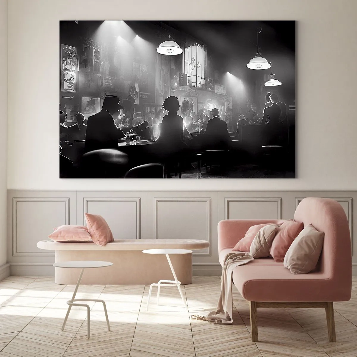 Quadro su vetro - Palco jazz in bianco e nero all'interno di un club - 120x80cm - Nell'atmosfera jazz - Decorazione murale moderna per soggiorno e camera da letto ARTTOR