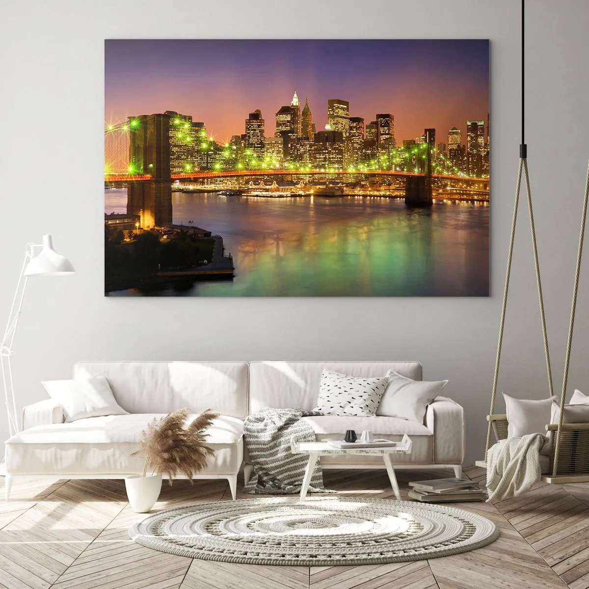 Quadro su vetro - Ponte illuminato sul fiume con vista panoramica della città al tramonto - 70x50cm - Qui la luce non si spegne mai - Decorazione murale moderna per soggiorno e camera da letto ARTTOR