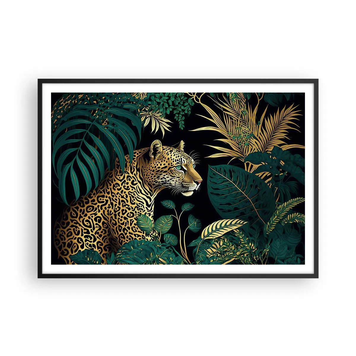 Poster in cornice nera - Leopardo tra foglie tropicali su sfondo nero - 100x70cm - Il signore della giungla - Decorazione murale moderna per soggiorno e camera da letto ARTTOR