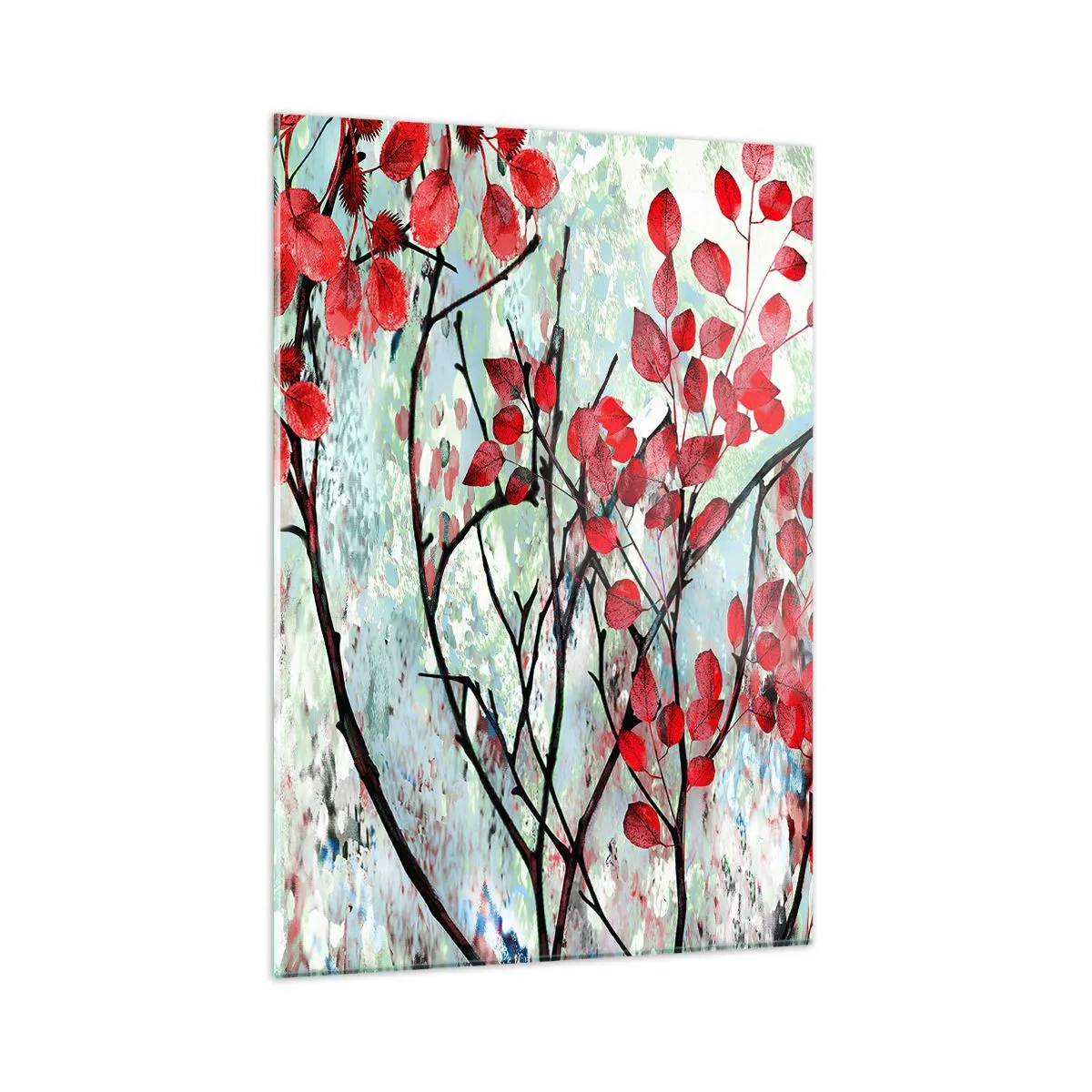 Quadro su vetro - Rami con foglie rosse su uno sfondo dipinto - 50x70cm - Albero in scarlatto - Decorazione murale moderna per soggiorno e camera da letto ARTTOR