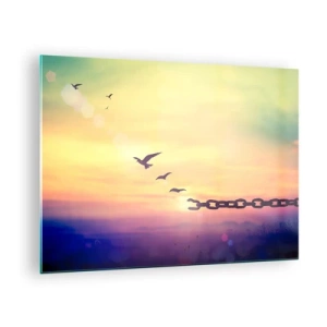 Quadro su vetro - Uccelli in volo sullo sfondo di una catena e di un tramonto - 70x50cm - La vittoria della libertà - Decorazione murale moderna per soggiorno e camera da letto ARTTOR