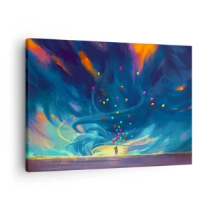 Quadro su tela - Stampe su Tela - Una figura con palloncini su uno sfondo di nuvole colorate e vorticose - 70x50cm - Sul vento blu - Decorazione murale moderna per soggiorno e camera da letto ARTTOR
