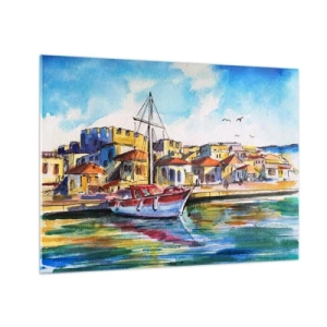 Quadro su vetro - Un colorato porto turistico con una barca a vela e architettura mediterranea - 70x50cm - Un colorato pomeriggio - Decorazione murale moderna per soggiorno e camera da letto ARTTOR