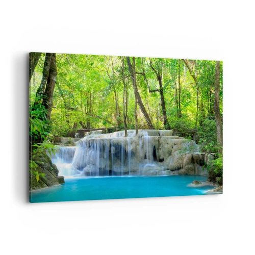 Quadro su tela - Stampe su Tela - Una cascata tra alberi verdi con acqua blu in un ambiente naturale - 120x80cm - Annegare nel turchese e nel verde - Decorazione murale moderna per soggiorno e camera da letto ARTTOR