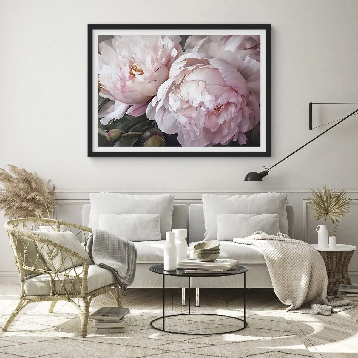 Poster in cornice nera - Delicate peonie rosa in piena fioritura - 70x50cm - L'attimo della fioritura - Decorazione murale moderna per soggiorno e camera da letto ARTTOR
