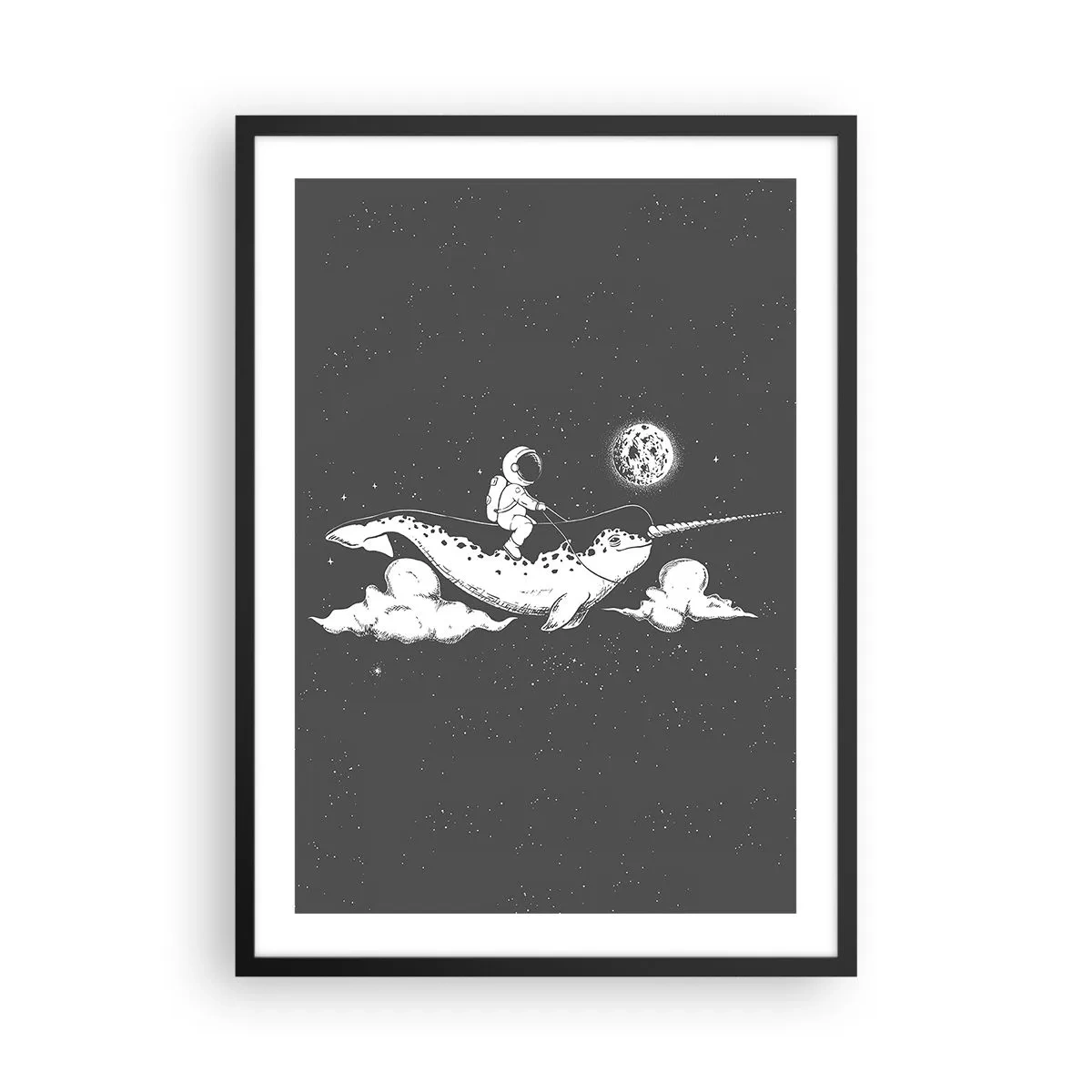 Poster in cornice nera - Astronauta sul dorso di un narvalo nello spazio - 50x70cm - Il cavaliere dello spazio - Decorazione murale moderna per soggiorno e camera da letto ARTTOR