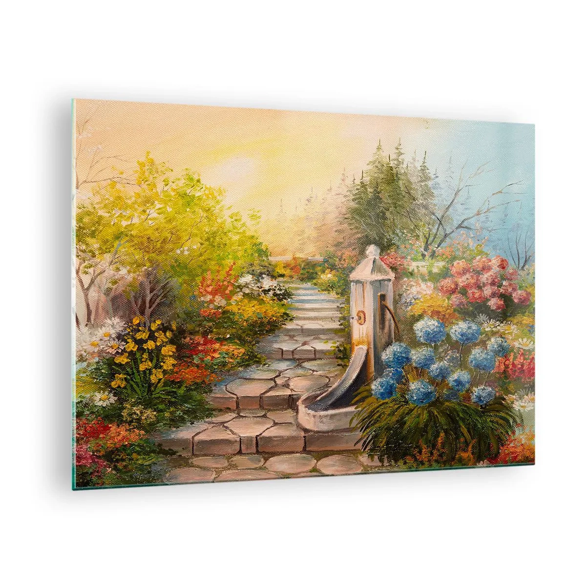Quadro su vetro - Un giardino fiorito con una fontana in piena fioritura - 70x50cm - In piena fioritura - Decorazione murale moderna per soggiorno e camera da letto ARTTOR