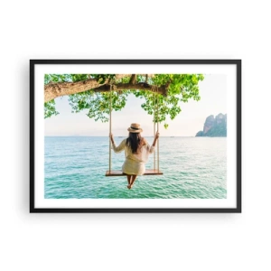 Poster in cornice nera - Donna su un'altalena in riva al mare in un paesaggio tropicale - 70x50cm - La vita è bella - Decorazione murale moderna per soggiorno e camera da letto ARTTOR