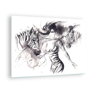 Quadro su vetro - Composizione in bianco e nero con una donna e una zebra in stile artistico - 70x50cm - Ballando con le zebre - Decorazione murale moderna per soggiorno e camera da letto ARTTOR