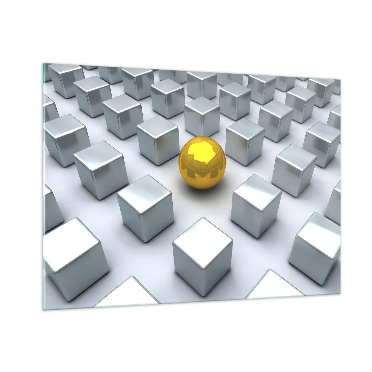 Quadro su vetro - Una sfera dorata circondata da cubi d'argento - 100x70cm - Perché io? Composizione geometrica - Decorazione murale moderna per soggiorno e camera da letto ARTTOR