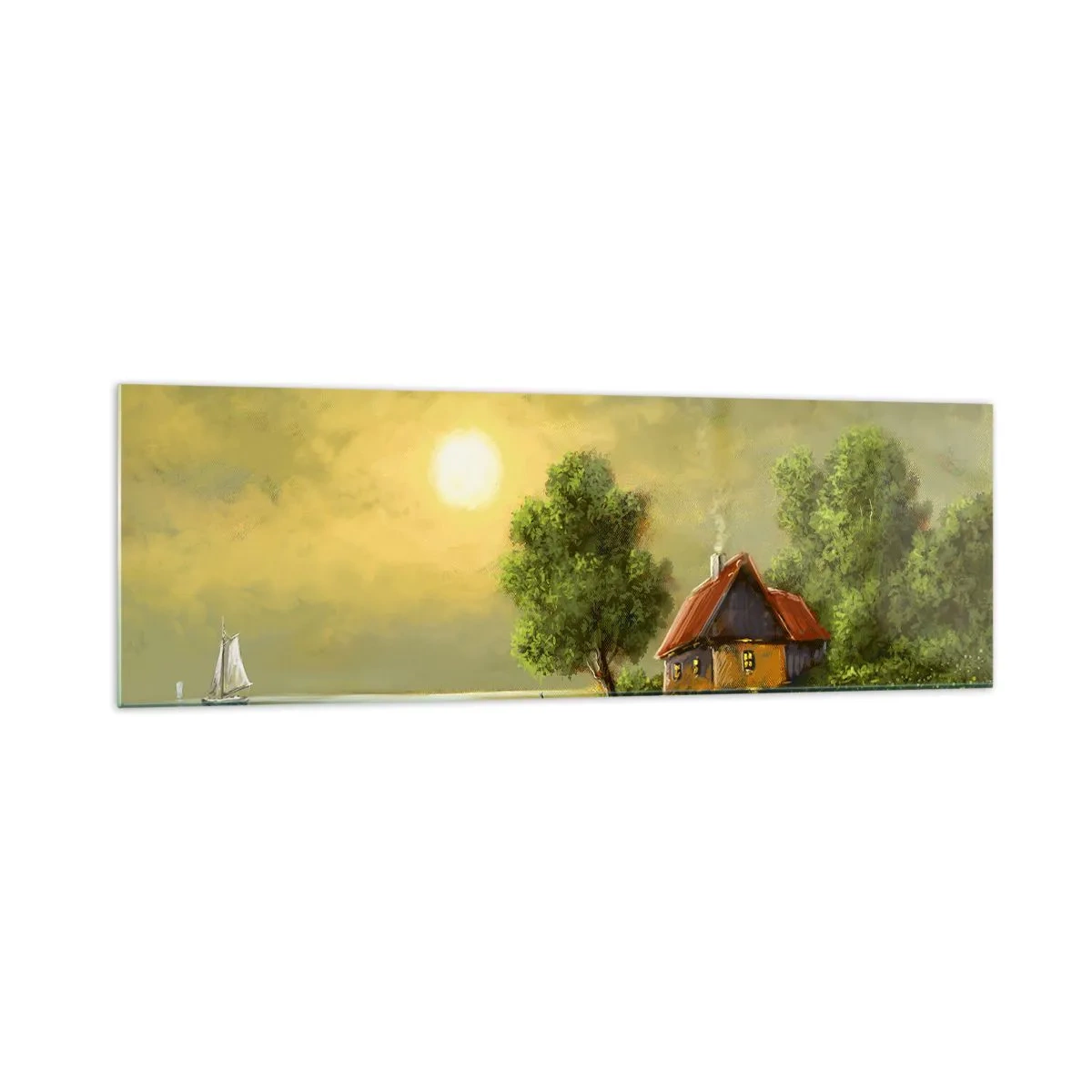 Quadro su vetro - Casa sul lago alla luce del tramonto - 160x50cm - Bello come un quadro - Decorazione murale moderna per soggiorno e camera da letto ARTTOR