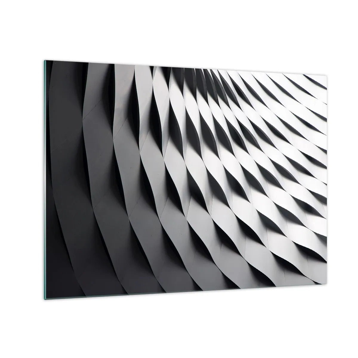Quadro su vetro - Una struttura astratta in bianco e nero che ricorda forme ondulate. - 70x50cm - Sulla cresta dell'onda - Decorazione murale moderna per soggiorno e camera da letto ARTTOR