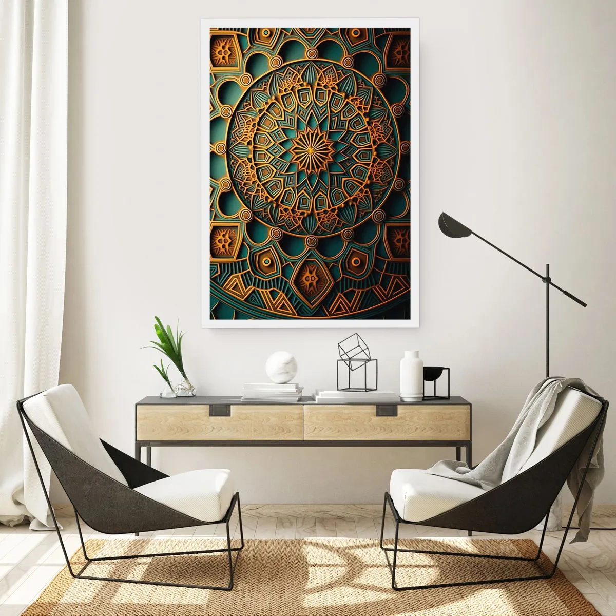 Poster - Mandala dorato su sfondo scuro - 50x70cm - Atmosfera araba - Decorazione murale moderna per soggiorno e camera da letto ARTTOR