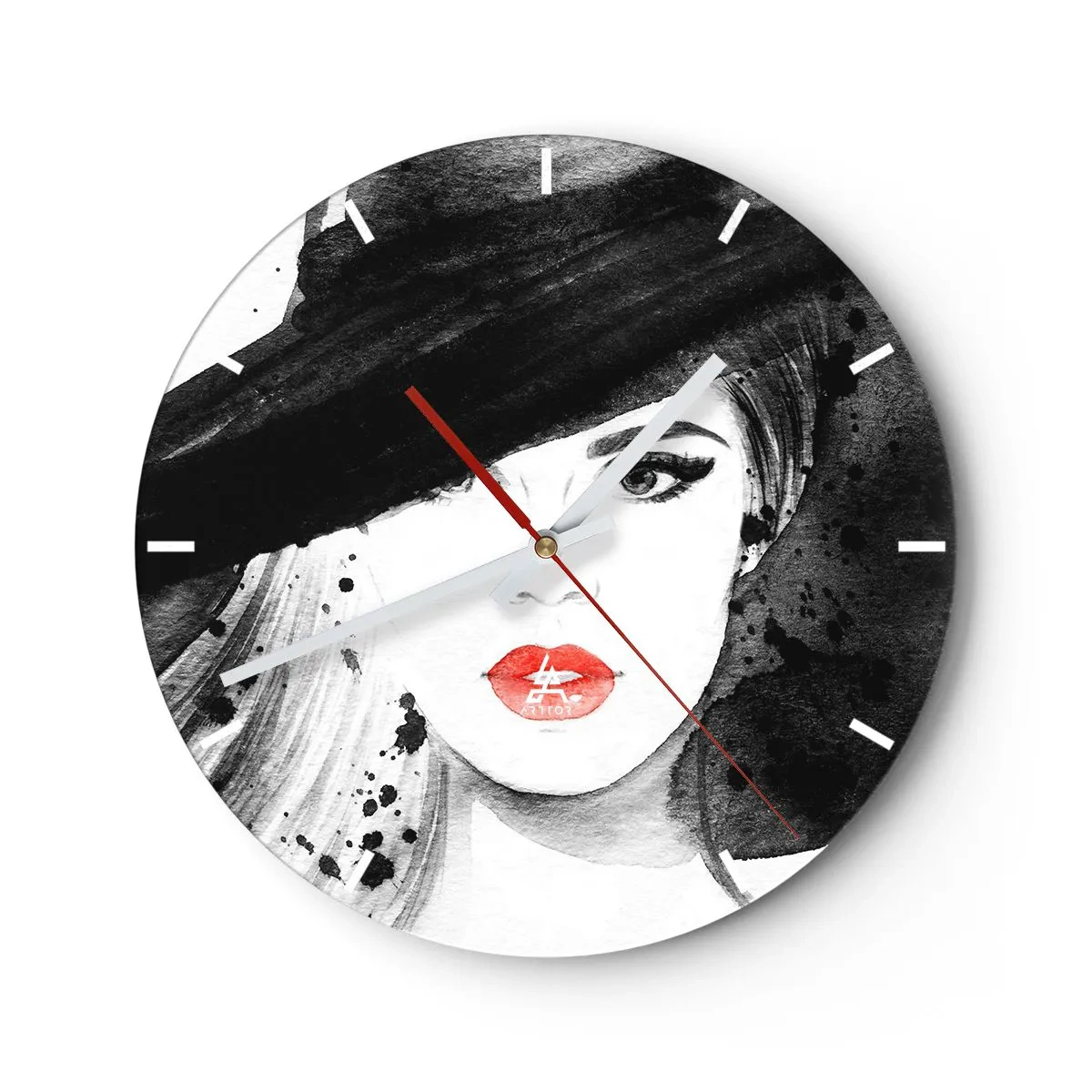 Orologio da parete - Orologio in Vetro - Donna elegante con cappello e labbra rosse - 30x30cm - Donna in nero - Decorazione murale moderna per soggiorno, cucina e camera da letto ARTTOR