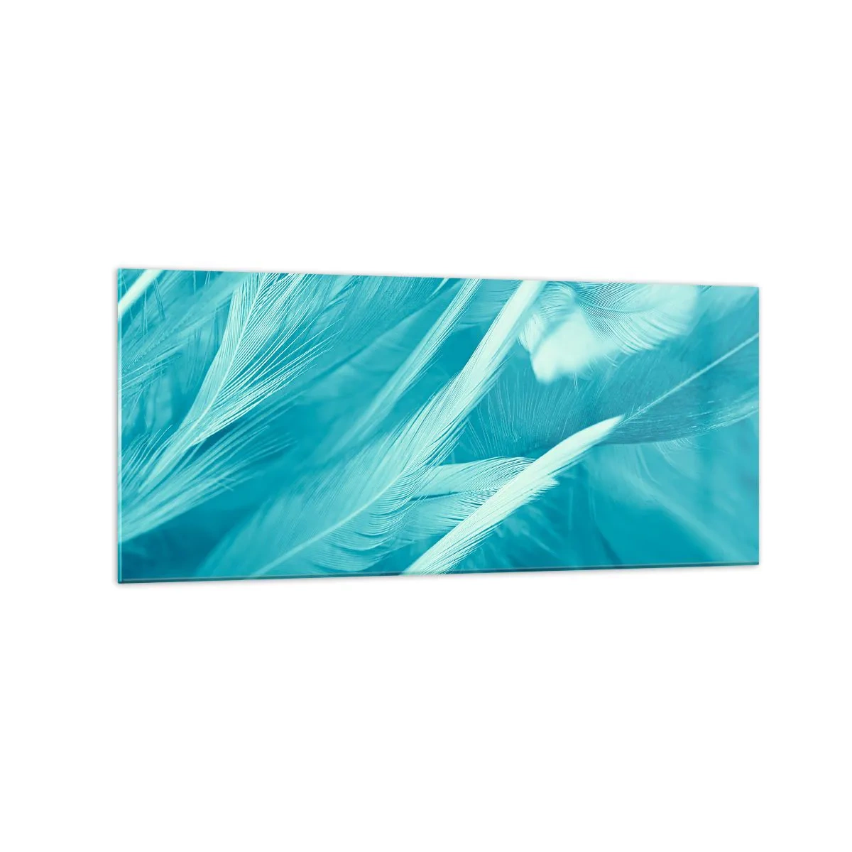 Quadro su vetro - Delicate piume turchesi in primo piano - 120x50cm - Annegare nel morbido - Decorazione murale moderna per soggiorno e camera da letto ARTTOR