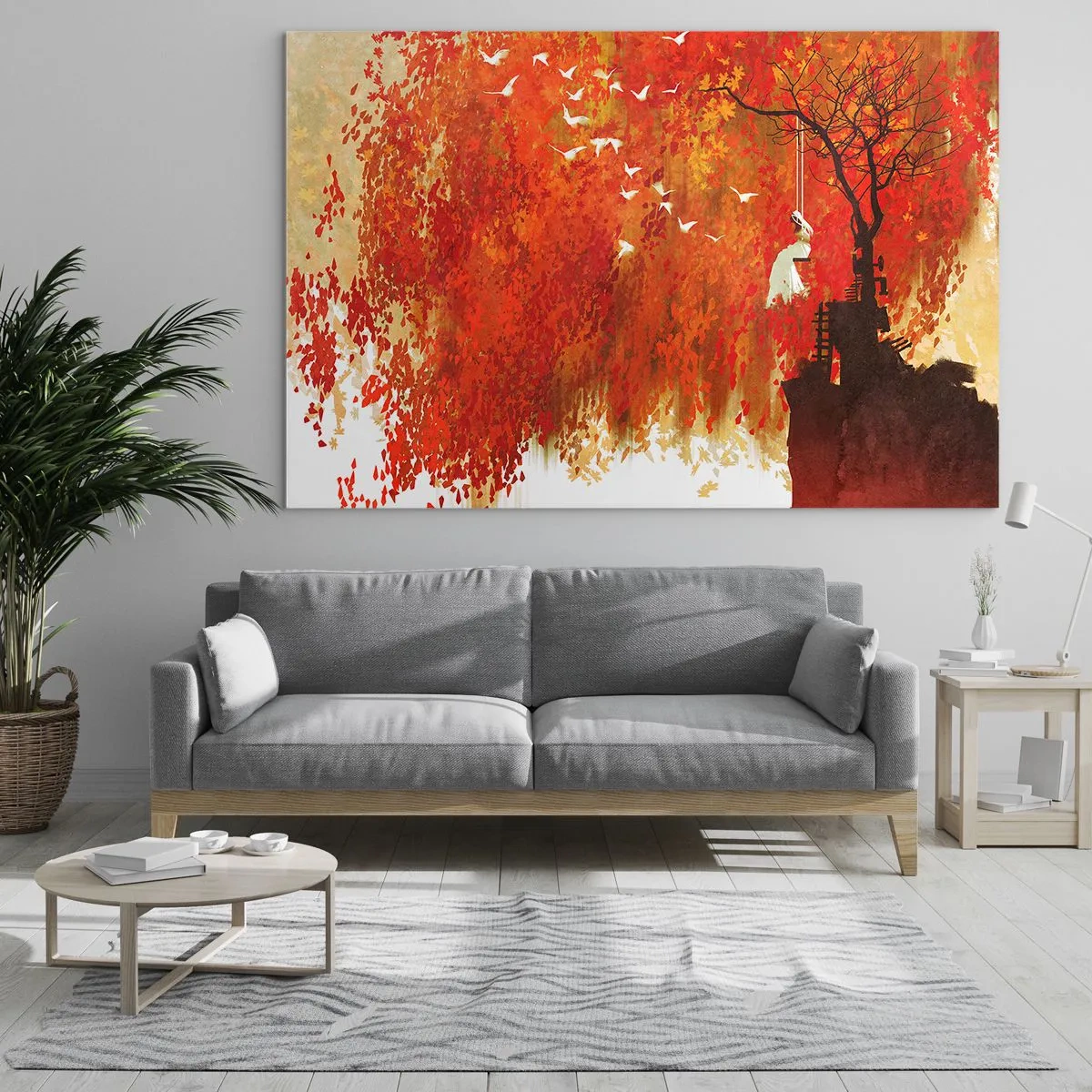 Quadro su vetro - Foglie rosse, un albero solitario e uccelli in una scena autunnale - 100x70cm - Voli con noi? - Decorazione murale moderna per soggiorno e camera da letto ARTTOR