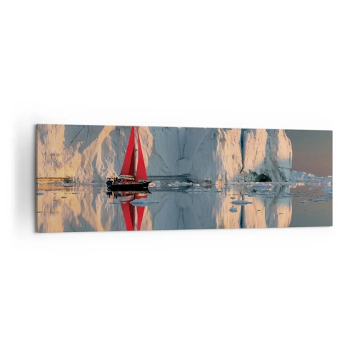 Quadro su tela - Stampe su Tela - Una barca a vela con una vela rossa sullo sfondo di un ghiacciaio - 160x50cm - Ai confini del mondo - Decorazione murale moderna per soggiorno e camera da letto ARTTOR