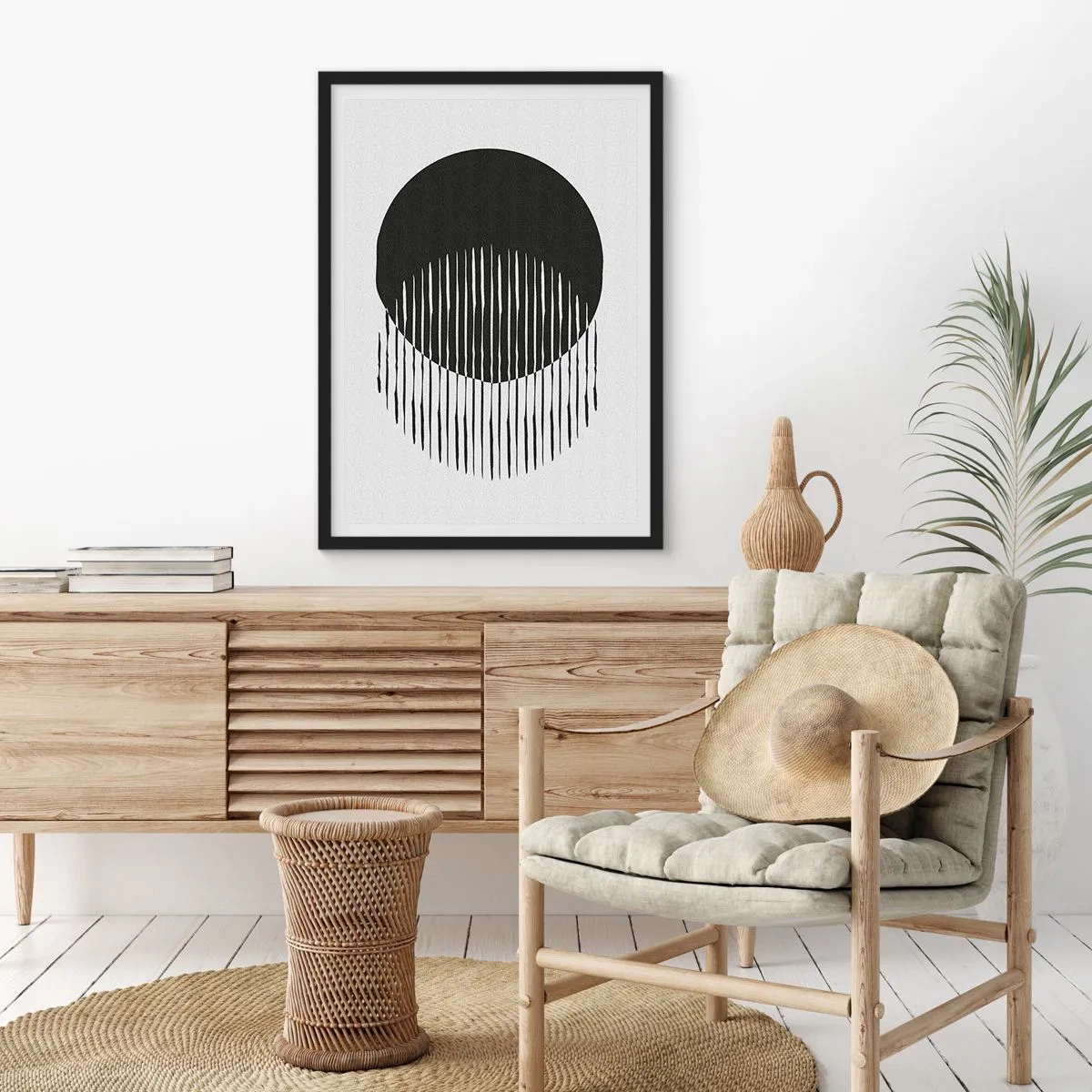 Poster in cornice nera - Composizione astratta di un cerchio nero e linee verticali - 50x70cm - Il suo alter ego - Decorazione murale moderna per soggiorno e camera da letto ARTTOR
