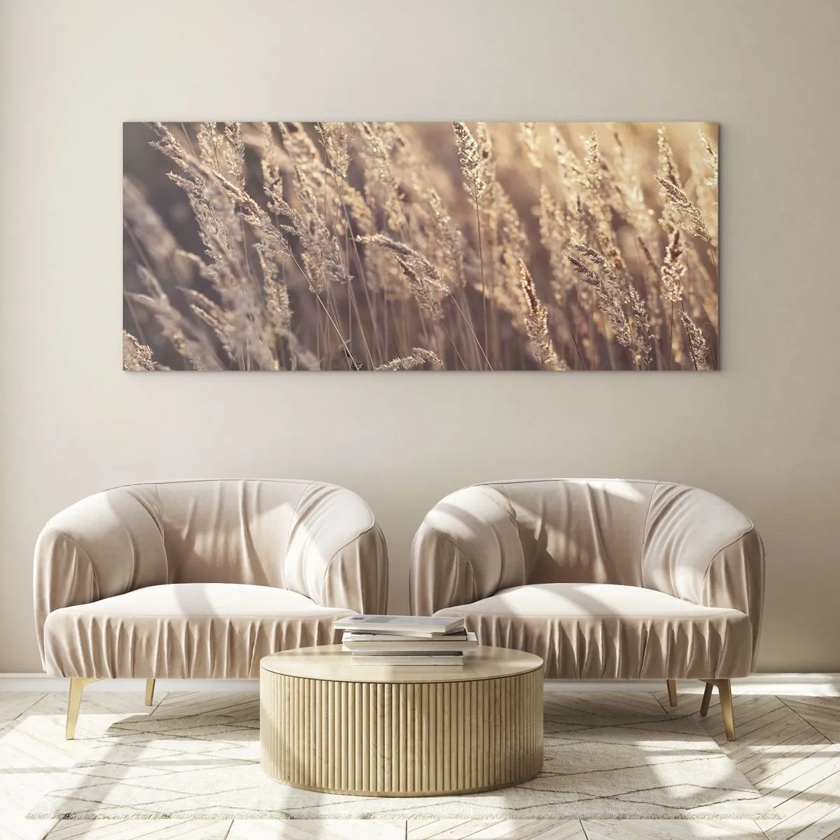 Quadro su vetro - Erbe dorate sullo sfondo del sole al tramonto - 160x50cm - Pronti a salutare l'autunno - Decorazione murale moderna per soggiorno e camera da letto ARTTOR