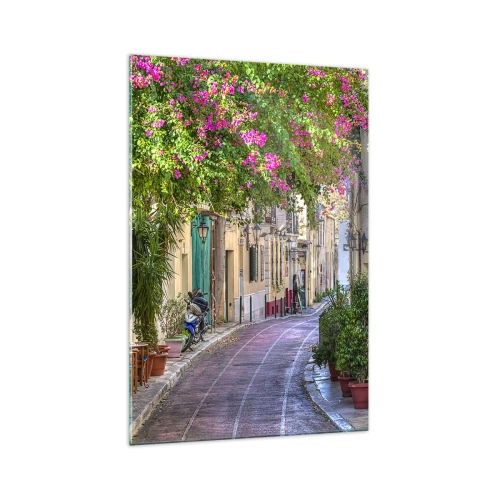 Quadro su vetro - Una strada affascinante con viti in fiore e tavolini da caffè - 70x100cm - Angolo fiorito - Decorazione murale moderna per soggiorno e camera da letto ARTTOR