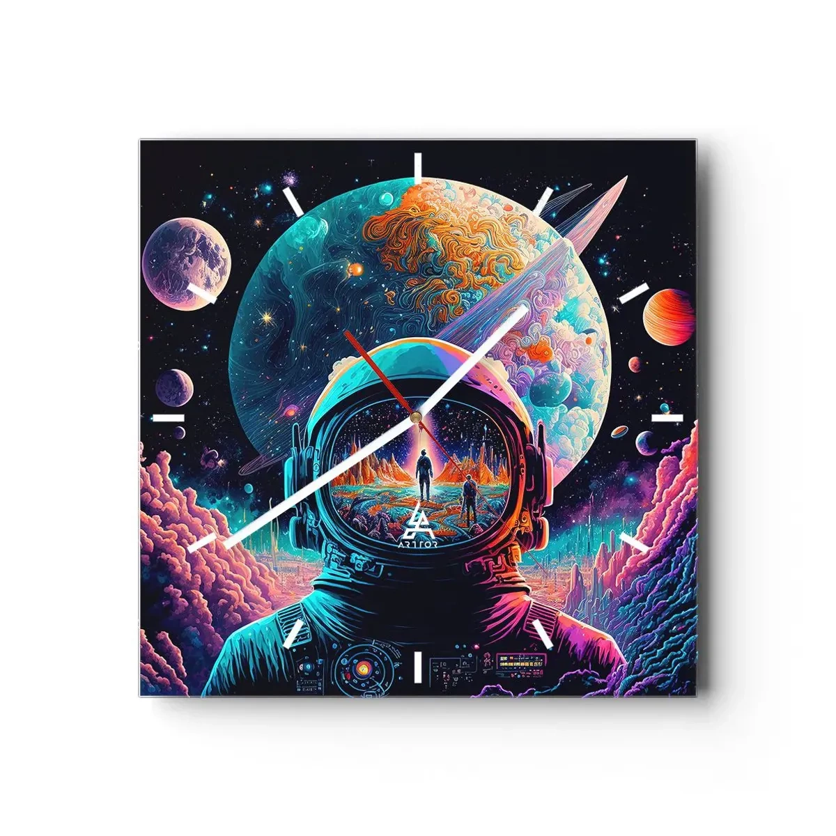 Orologio da parete - Orologio in Vetro - Astronauta nello spazio con un paesaggio planetario colorato - 30x30cm - I filosofi non l'avevano pensato - Decorazione murale moderna per soggiorno e camera da letto ARTTOR