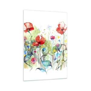 Quadro su vetro - Un prato con papaveri rossi e fiori colorati in acquerello - 70x100cm - Il prato fiorito a maggio - Decorazione murale moderna per soggiorno e camera da letto ARTTOR