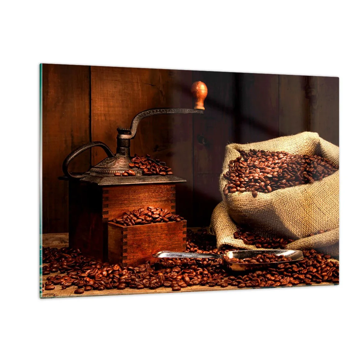 Quadro su vetro - Un vecchio macinacaffè con chicchi e un sacchetto di caffè - 120x80cm - Natura morta con chicchi di caffè e macinino - Decorazione murale moderna per soggiorno e camera da letto ARTTOR