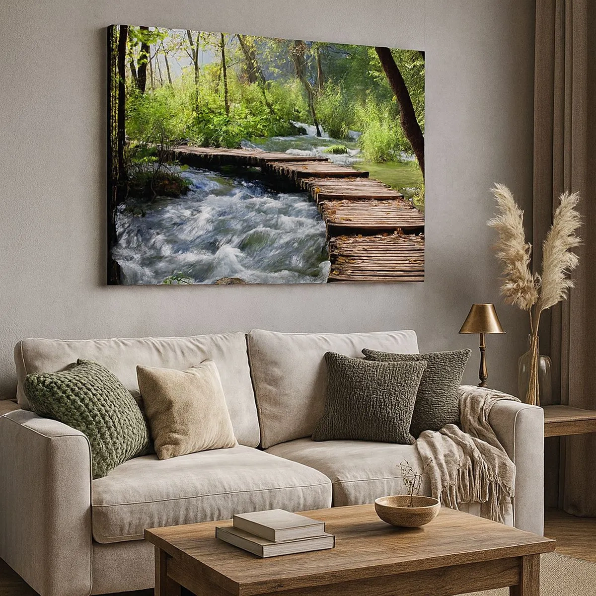 Quadro su tela - Stampe su Tela - Un ponte di legno sopra un ruscello impetuoso, circondato dal verde della foresta. - 70x50cm - Sulla cascata spumeggiante - Decorazione murale moderna per soggiorno e camera da letto ARTTOR