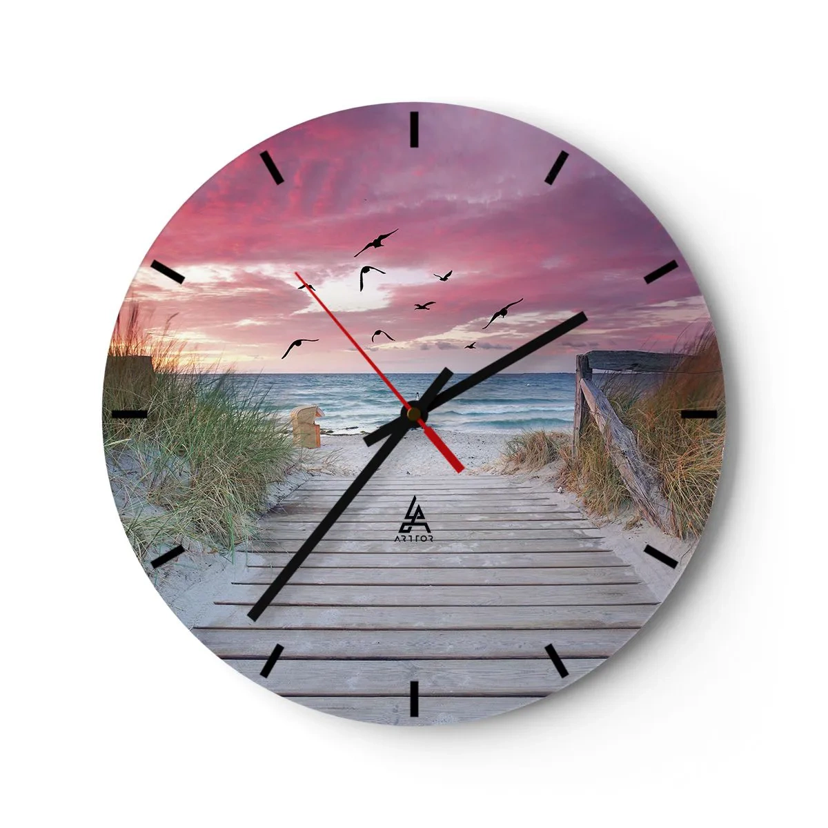 Orologio da parete - Orologio in Vetro - Molo di legno che conduce alla spiaggia al tramonto - 30x30cm - Impressioni baltiche - Decorazione murale moderna per soggiorno, cucina e camera da letto ARTTOR