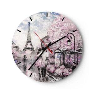 Orologio da parete - Orologio in Vetro - Vista romantica di Parigi con la Torre Eiffel e gli alberi in fiore - 30x30cm - Se innamorarsi, allora solo a... - Decorazione murale moderna per soggiorno, cucina e camera da letto ARTTOR