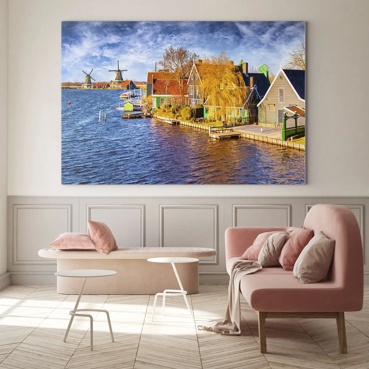 Quadro su vetro - Pittoresche case olandesi sul lungomare con mulini a vento - 70x50cm - Da secoli immutabile - Decorazione murale moderna per soggiorno e camera da letto ARTTOR