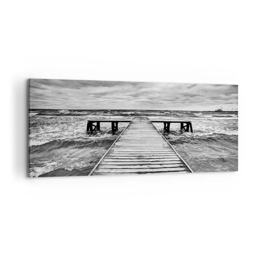 Quadro su tela - Stampe su Tela - Una vista in bianco e nero di un molo di legno su un mare in tempesta. - 120x50cm - Aspetto che il vento le scacci via... - Decorazione murale moderna per soggiorno e camera da letto ARTTOR