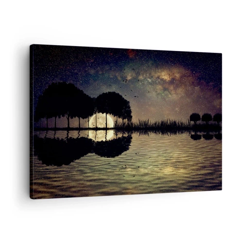 Quadro su tela - Stampe su Tela - Una notte magica con gli alberi e la luna riflessa sull'acqua - 70x50cm - Notte ai confini del mondo - Decorazione murale moderna per soggiorno e camera da letto ARTTOR