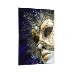 Quadro su vetro - Maschera veneziana dorata con piume su sfondo viola - 50x70cm - Ritratto di Venezia in oro - Decorazione murale moderna per soggiorno e camera da letto ARTTOR