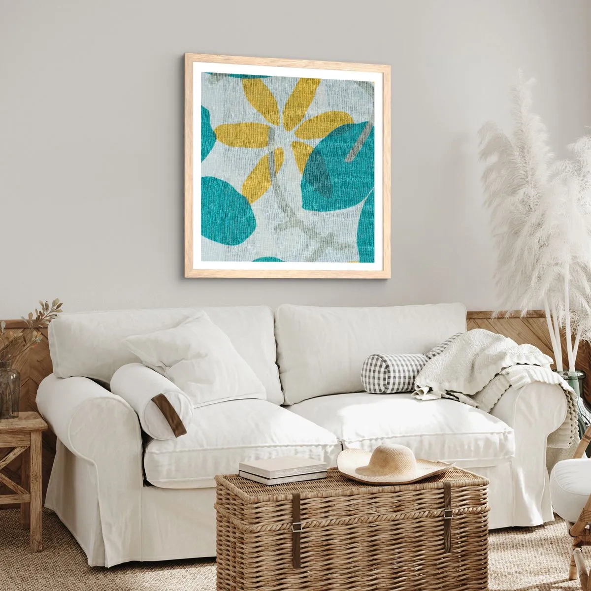 Poster in cornice rovere chiaro - Tra le foglie azzurre - 60x60 cm