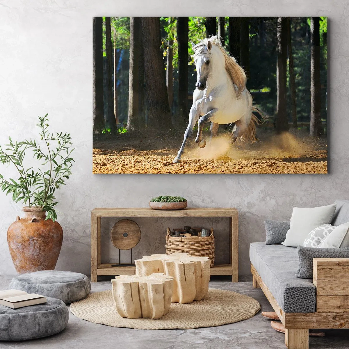 Quadro su tela - Stampe su Tela - Un cavallo bianco che galoppa attraverso una radura nella foresta - 100x70cm - Come nei racconti fantasy - Decorazione murale moderna per soggiorno e camera da letto ARTTOR