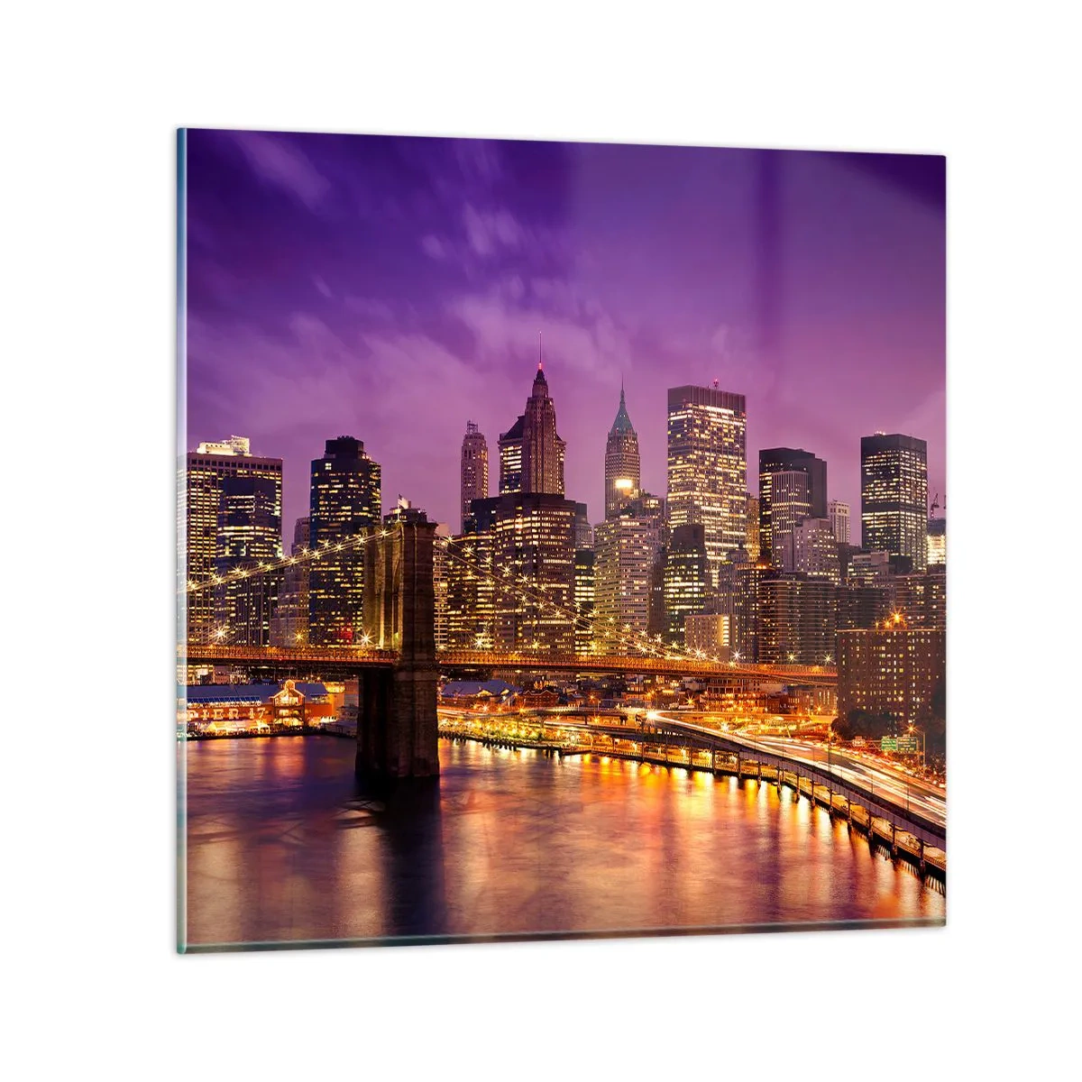 Quadro su vetro - Manhattan in viola e oro - 30x30 cm