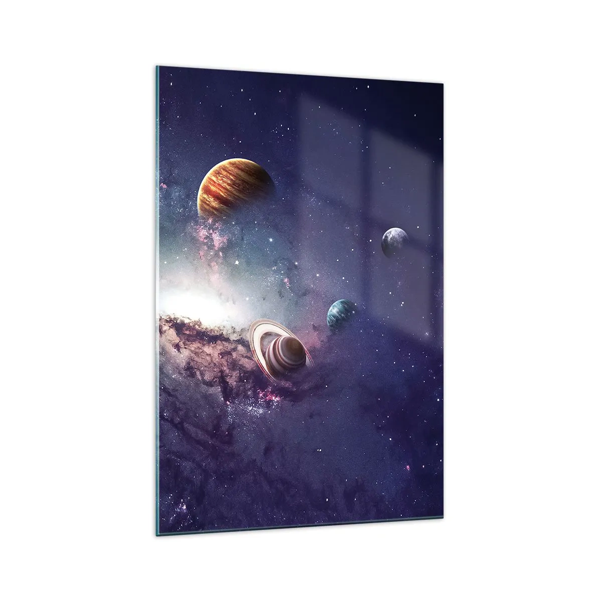 Quadro su vetro - Pianeti in una galassia con una nebulosa sullo sfondo - 70x100cm - Sistema solare danzante - Decorazione murale moderna per soggiorno e camera da letto ARTTOR