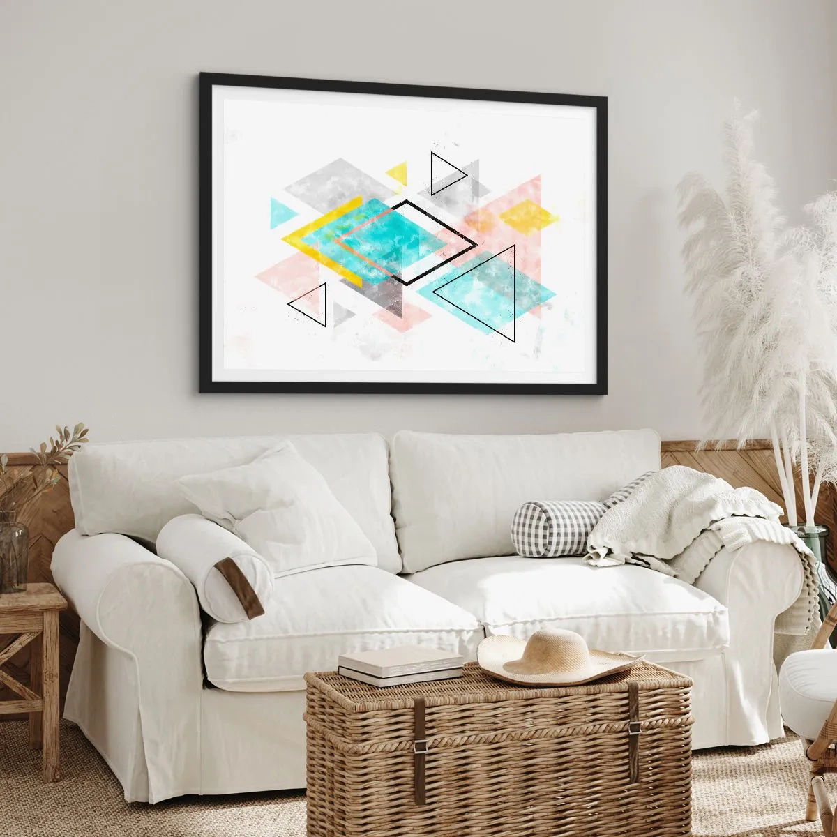 Poster in cornice nera - Motivi geometrici colorati su sfondo bianco - 70x50cm - Gioco geometrico - Decorazione murale moderna per soggiorno e camera da letto ARTTOR