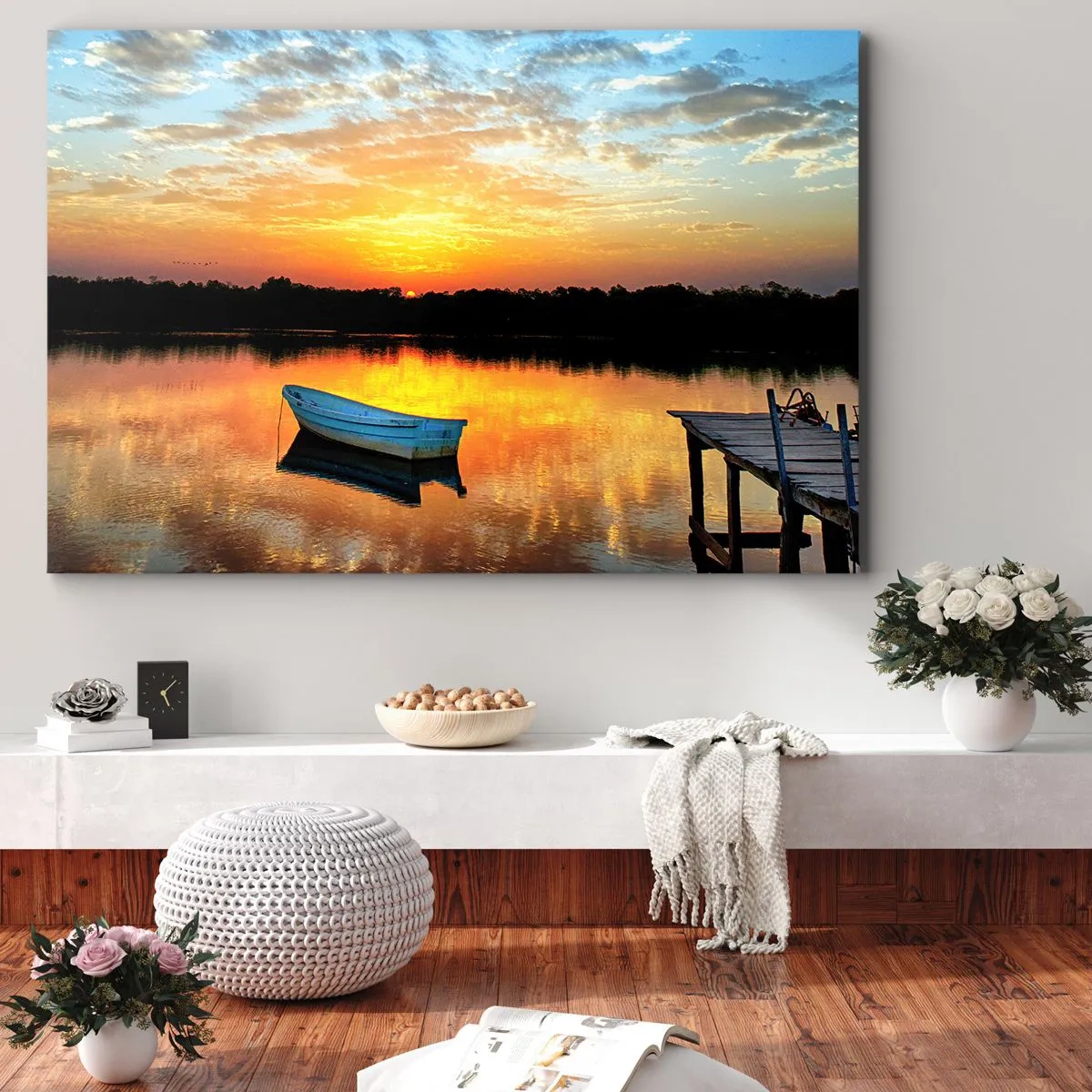 Quadro su tela - Stampe su Tela - Una barca su un lago calmo durante il tramonto - 100x70cm - Guarda, ascolta, medita - Decorazione murale moderna per soggiorno e camera da letto ARTTOR