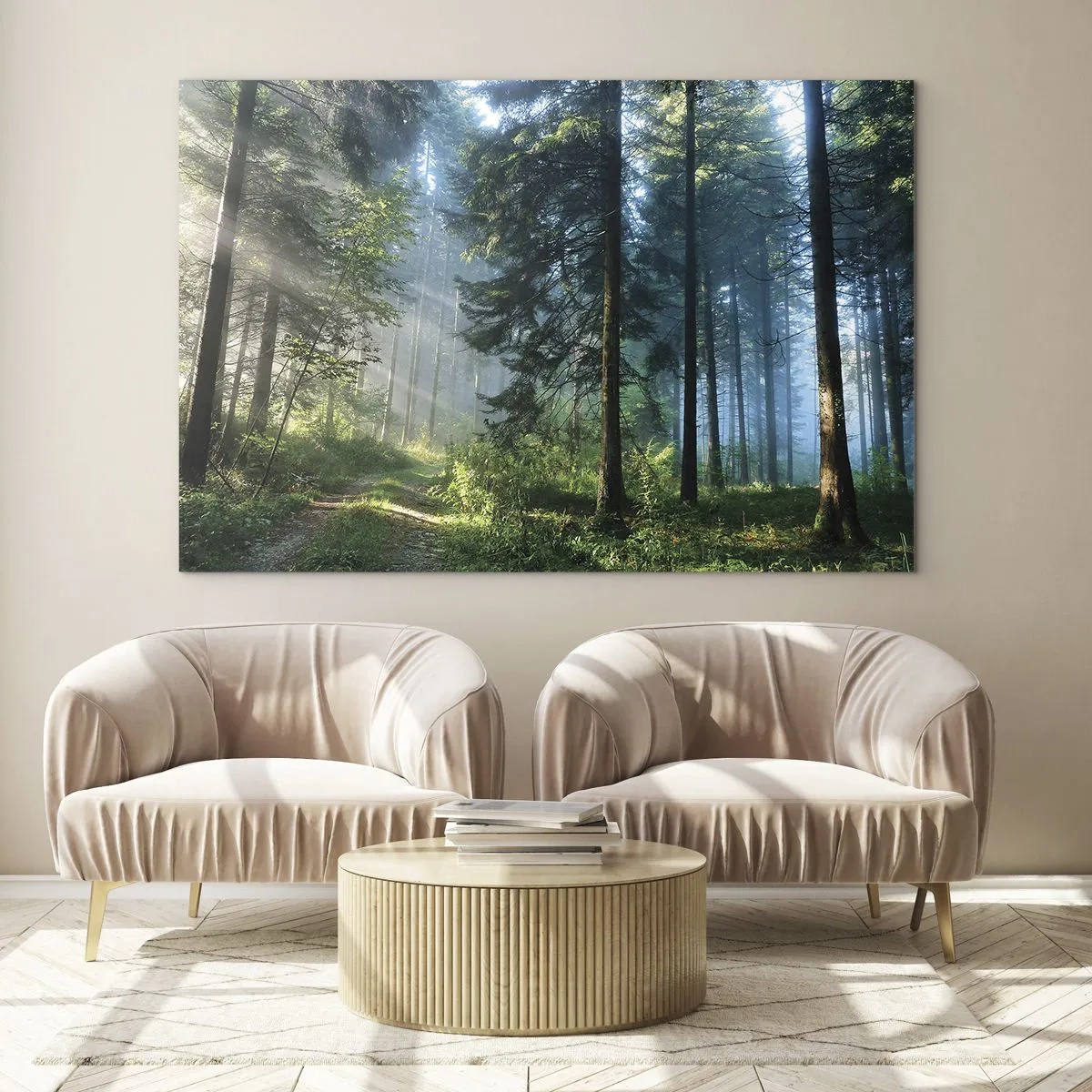 Quadro su vetro - Un sentiero nel bosco nella nebbia mattutina tra alberi alti - 120x80cm - Raggiante all'alba - Decorazione murale moderna per soggiorno e camera da letto ARTTOR