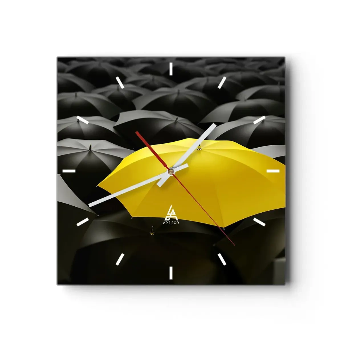 Orologio da parete - Orologio in Vetro - Un ombrello giallo tra ombrelli neri - 30x30cm - Addio tristezza - Decorazione murale moderna per soggiorno e camera da letto ARTTOR