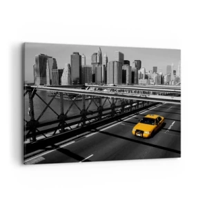 Quadro su tela - Stampe su Tela - Taxi giallo su un ponte con vista sullo skyline di New York - 100x70cm - Il colore della grande città - Decorazione murale moderna per soggiorno e camera da letto ARTTOR