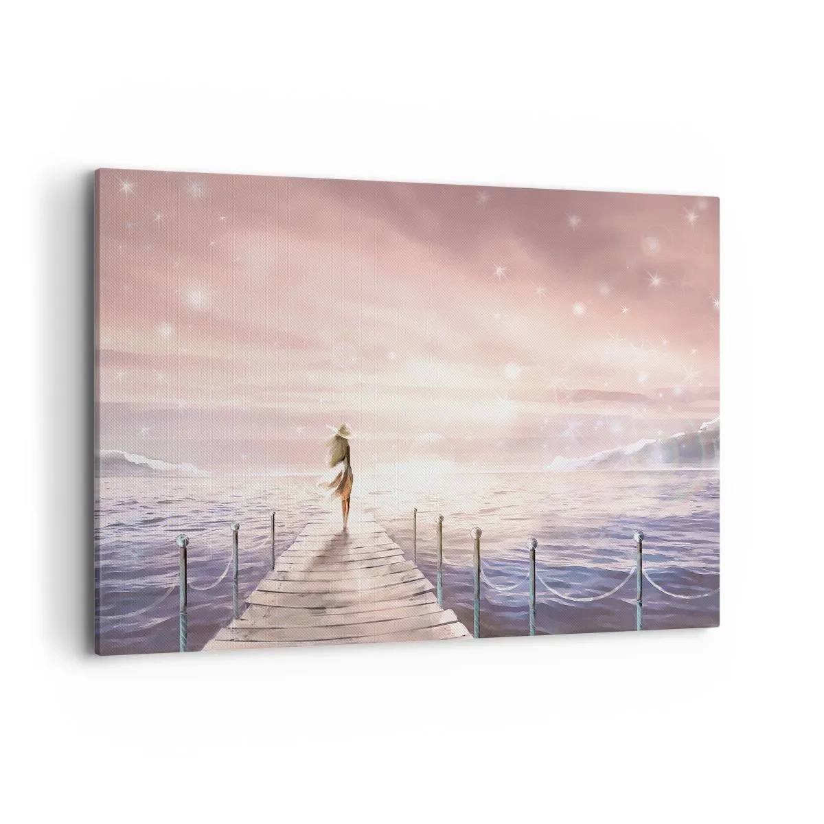 Quadro su tela - Stampe su Tela - Una donna su un molo in una magica cornice al tramonto - 100x70cm - Alla luce del sogno - Decorazione murale moderna per soggiorno e camera da letto ARTTOR