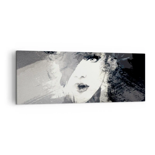 Quadro su tela - Stampe su Tela - Un ritratto astratto di una donna in tonalità di grigio con delicati accenti. - 140x50cm - Dietro un velo grigio - Decorazione murale moderna per soggiorno e camera da letto ARTTOR