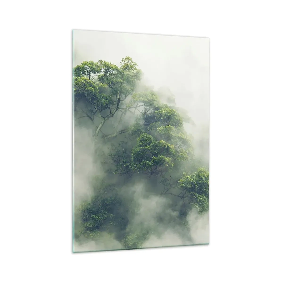 Quadro su vetro - Alberi verdi nella fitta nebbia contro uno sfondo naturale - 80x120cm - Avvolti dalla nebbia - Decorazione murale moderna per soggiorno e camera da letto ARTTOR
