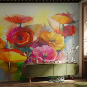 Fotomurali Standard Eco - Papaveri colorati in una composizione pittorica astratta - 100x70cm - Non solo rossi - Decorazione murale moderna per soggiorno e camera da letto ARTTOR