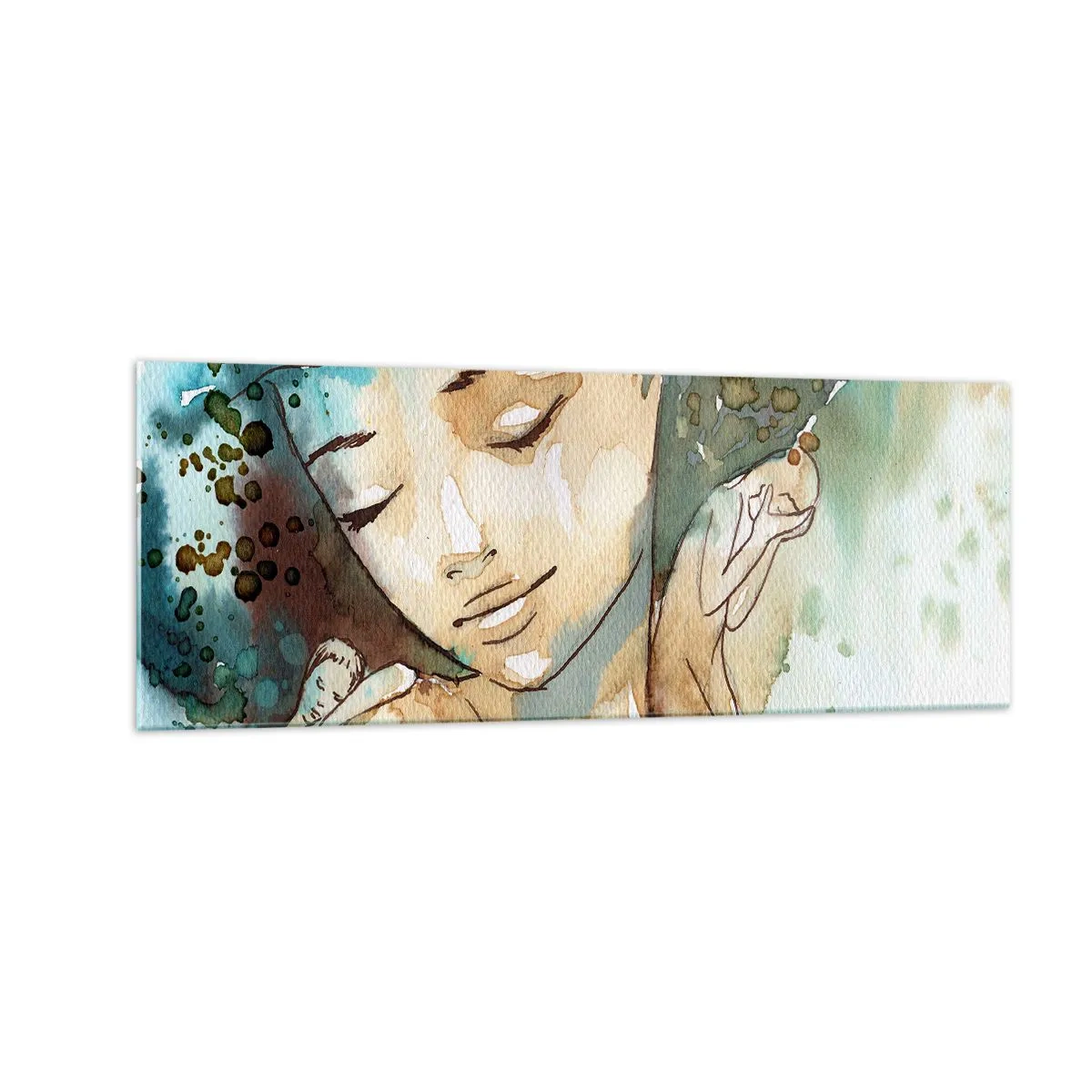 Quadro su vetro - Ritratto di una donna in delicati colori ad acquerello - 140x50cm - Lady in blue - Decorazione murale moderna per soggiorno e camera da letto ARTTOR