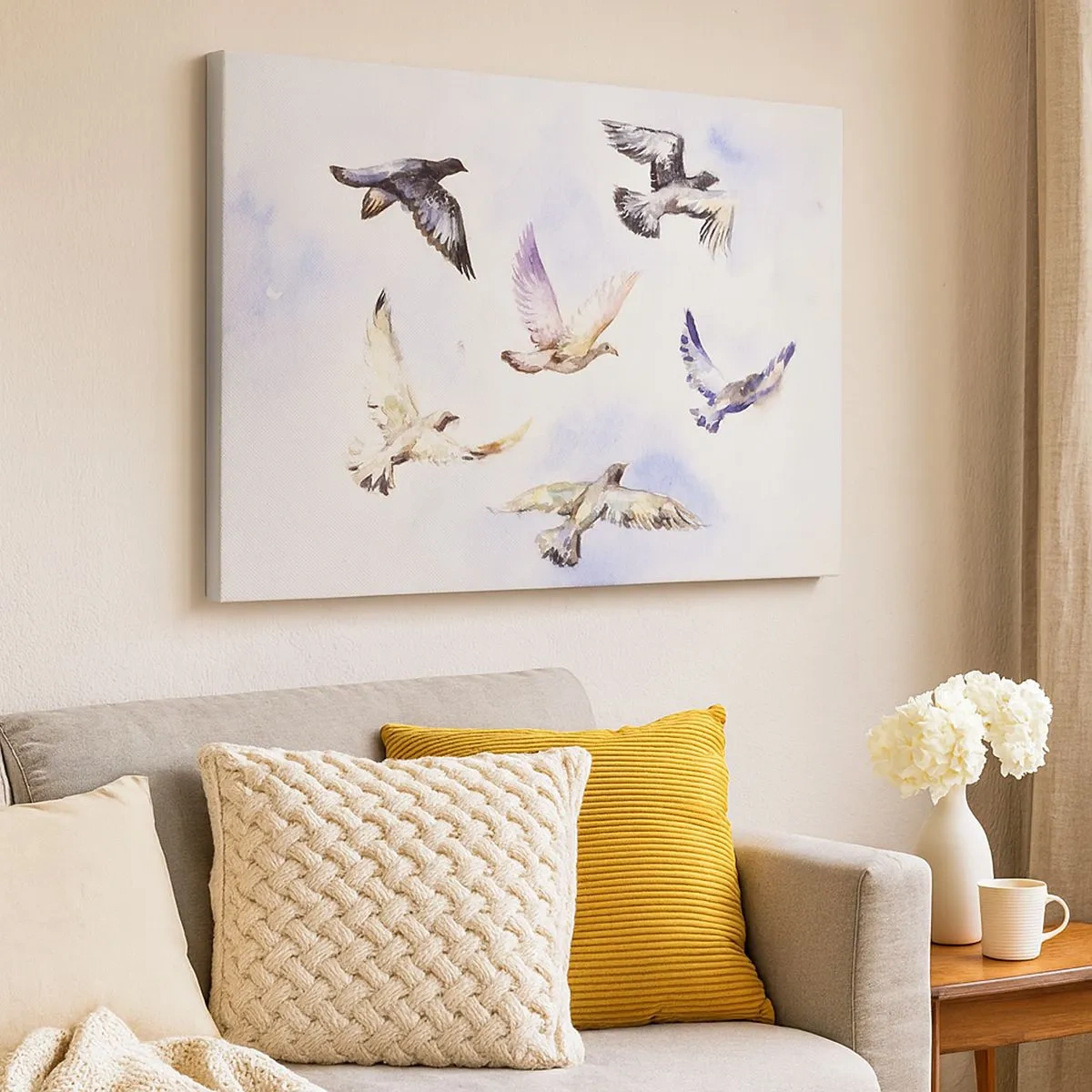 Quadro su tela - Stampe su Tela - Uccelli acquerellati in volo contro un cielo delicato - 70x50cm - Libertà in grigio e blu - Decorazione murale moderna per soggiorno e camera da letto ARTTOR